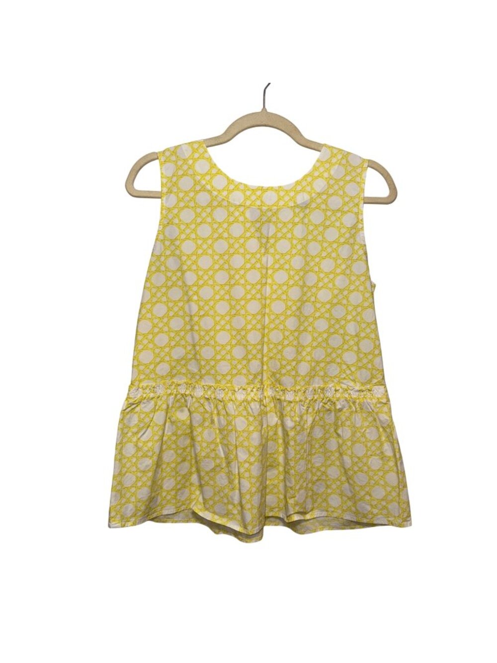 Ann Taylor Yellow Sleeveless Peplum Top With Bow Back And Geometric Print Size L